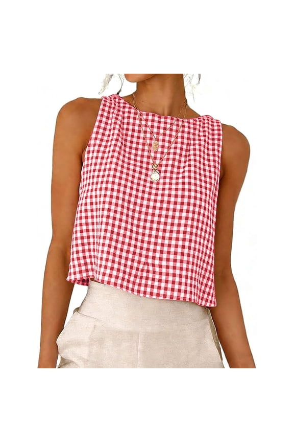 Womens Linen Cropped Tanks Sleeveless Crewneck Casual Gingham Tops Summer Lightweight Trendy Beach Blouses Red S
