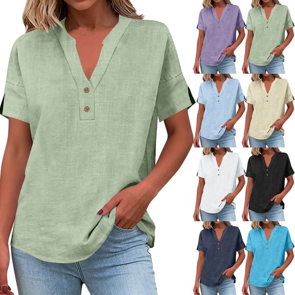 Inverlee Womens Linen Henley Tops Short Sleeve V Neck Button Loose Tees Casual Bottoms Summer Tees Blue XL