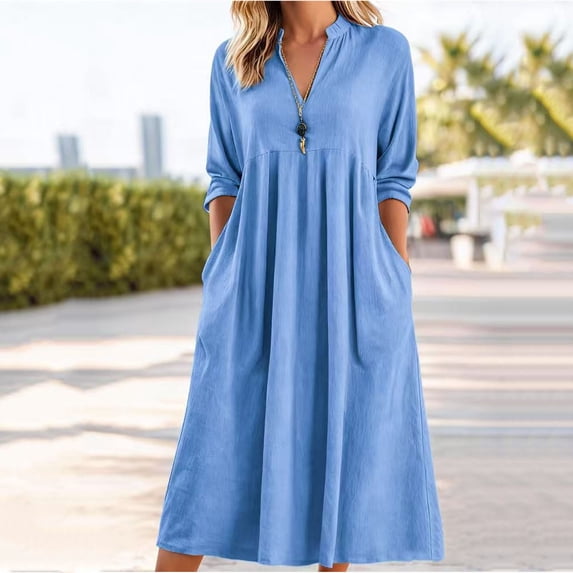 Inverlee Womens Linen Notch V Neck Midi Dress 3/4 Sleeve Vacation Pocketed Dresses Summer Casual Beach Loose Sundress