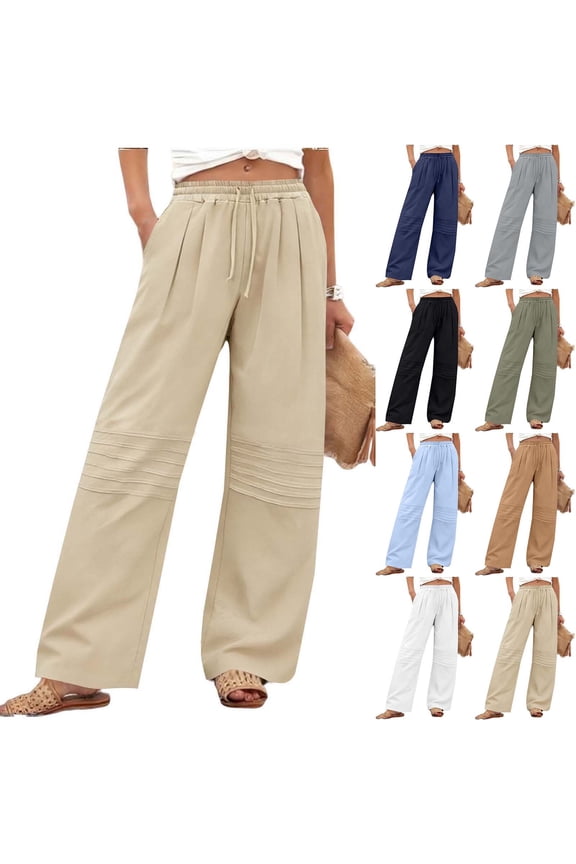 Womens Linen Palazzo Pants Chic Pleated Drawstring Wide Leg Solid Color Trousers Casual Stretchy Slacks with Pocket Khaki S