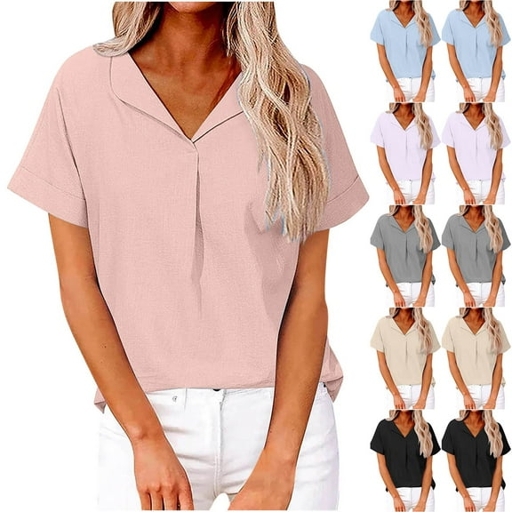 Inverlee Womens Linen Shirts V Neck Casual Short Sleeve Tops Plus Size Solid Color Shirts Breathable Holiday Tunic Blouse Tee