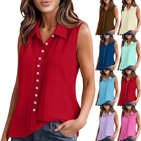 Inverlee Womens Linen Sleeveless Collared Button Down Tank Tops Casual Pleated Solid Color Blouses Daily Wear Summer Loose Tees Hot Pink S