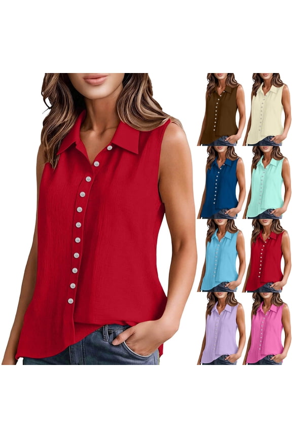 Womens Linen Sleeveless Collared Button Down Tank Tops Casual Pleated Solid Color Blouses Daily Wear Summer Loose Tees Red XL