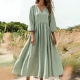 thumbnail image 1 of Inverlee Womens Linen V Neck 3/4 Sleeve Maxi Dress Boho Flowy Ruched Solid Dresses Summer Vacation Beach Sundress, 1 of 7