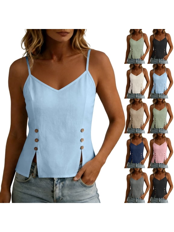 Womens Linen V Neck Cami Tops Button Side Split Spaghetti Strap Tank Top Summer Vacation Casual Blouses Navy XXL