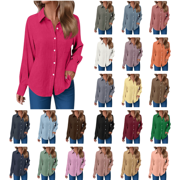Inverlee Womens Long Sleeve Shirts Collared Button Down Blouses Daily Wear Loose Fit Solid Color Tops Gray XL