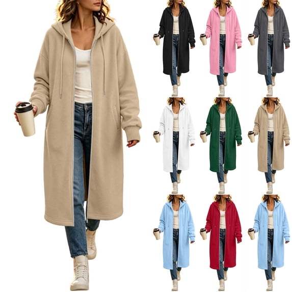 Inverlee Womens Maxi Long Full Zip Hooded Coat Ribbed Cuffs Side Pockets Drawstring Hood Oversized Winter Sweatshirts Jackets Outerwear Coats Khaki S