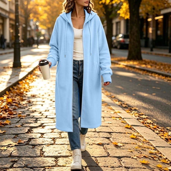 Inverlee Womens Maxi Long Full Zip Hooded Coat Ribbed Cuffs Side Pockets Drawstring Hood Oversized Winter Sweatshirts Jackets Outerwear Coats Light Blue M