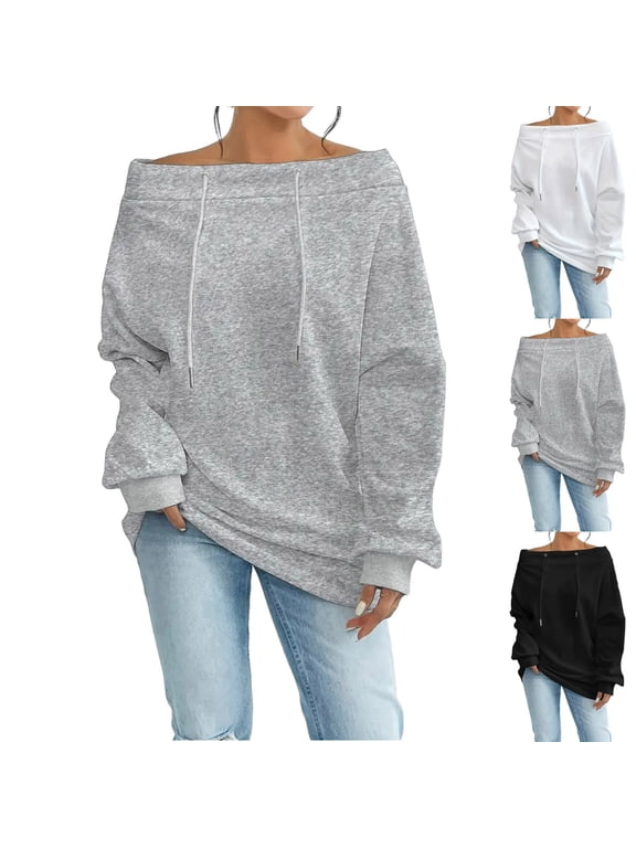 Womens Off Shoulder Drawstring Sweatshirt Loose Long Sleeve Slash Neck Tops Daily Leisure Relaxed Fit Pullovers White (S-XXL)