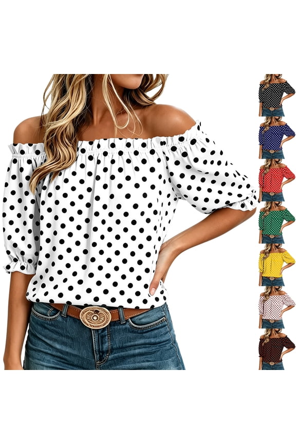 Womens Off Shoulder Puff Short Sleeve Polka Dot Blouses Boho Printed Loose Fit Flowy Shirts Vacation Summer Lightweight Relaxed Tops Wine L