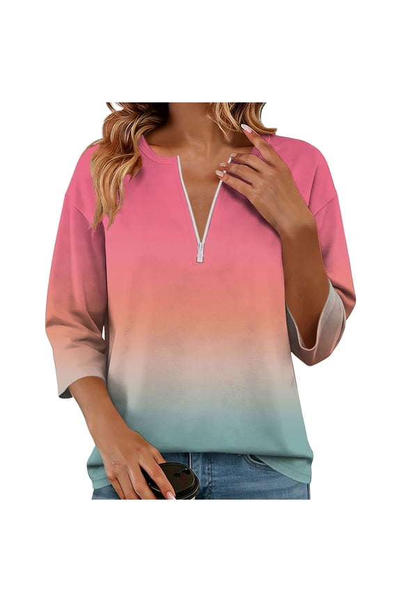 Womens Ombre Half Zip Tops 3/4 Sleeve Casual Soft Tees Daily Loose Fit Blouses Pink L