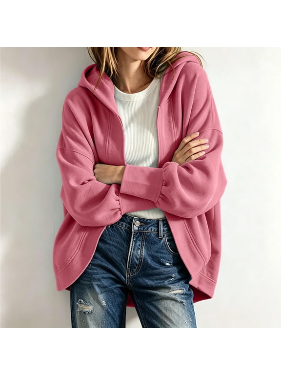 Womens Open Front Hooded Jacket Drop Shoulder Long Sleeve Loose Fit Soft Fleece Sweatshirts Outerwear Everyday Tops Pink XXL