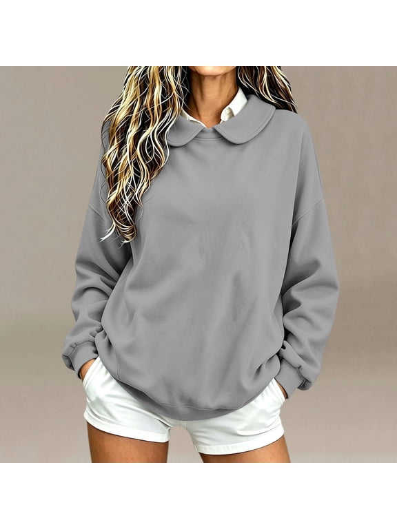 Womens Peter Pan Collar Sweatshirt Long Sleeve Loose Fit Pullover Daily Casual Soft Top Gray M