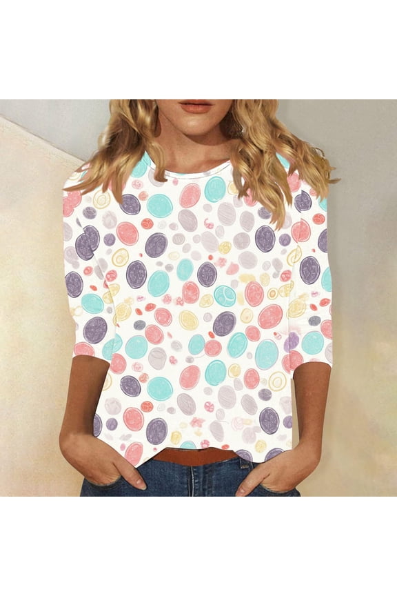 Womens Plus Size 3/4 Sleeve Shirts Easter Day Funny Egg Print Tee Tops Trendy Casual Relax Fit Crewneck Blouses