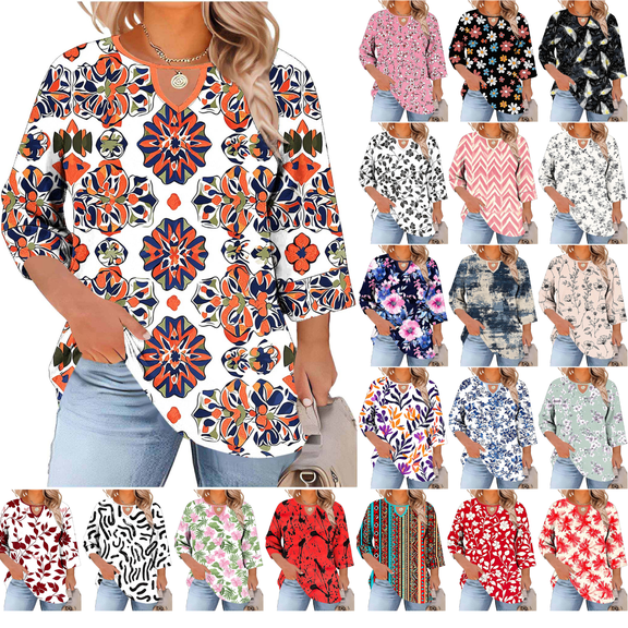 Inverlee Womens Plus Size Cherry Blossom 3/4 Sleeve Crewneck Shirts Mint Green Floral Tops Casual Loose Fit Blouses Daily Wear Tunic Light Blue XXL