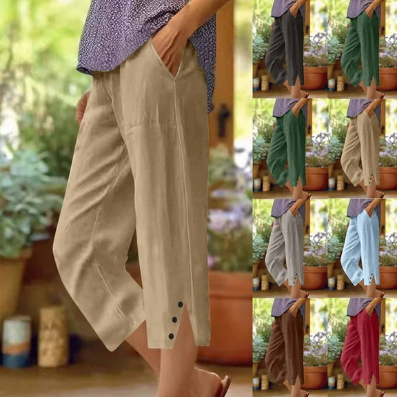 Inverlee Womens Plus Size Cotton Linen Capri Pants with Pockets Casual Baggy Breathable Elastic Waist Bottoms Trendy Solid Lightweight Trousers with Split Hem