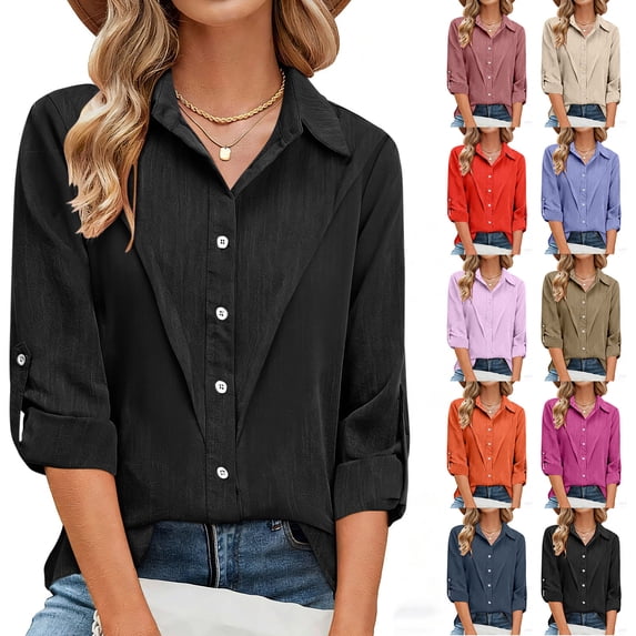 Inverlee Womens Plus Size Cotton Linen Dress Shirts Trendy Button Down Long Sleeve Roll up Blouses Spring Casual Solod Color Collared Tunic Tops