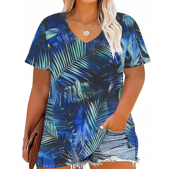 Inverlee Womens Plus Size Hawaiian Short Sleeve Blouse Summer Trendy Tropical Print V Neck Tunic Tops Casual Loose Fit Stretchy Breathable Vacation Shirts