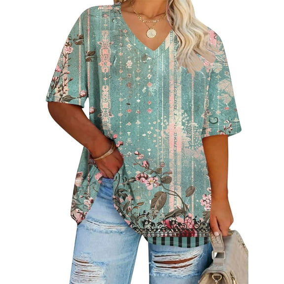 Inverlee Womens Plus Size Loose Fit Shirts Dressy Casual Printed Short Sleeve Tunic Tops Summer Trendy Breathable V Neck Blouse