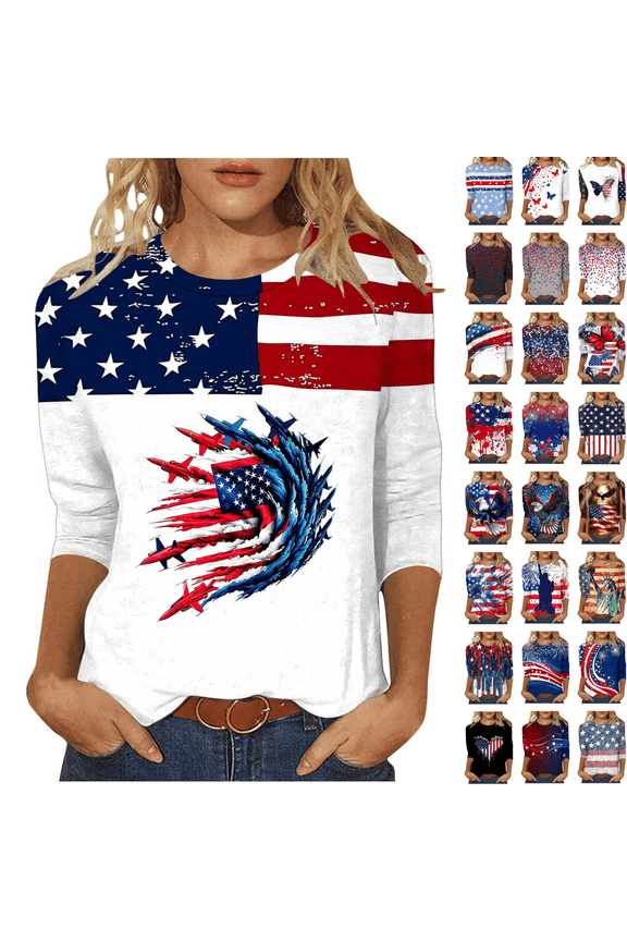 Womens Plus Size Patriotic Gold Glitter Print Round Neck 3/4 Sleeve Tops American Flag Wave Casual Tees 4th of July Vacation Stylish Blouses Khaki XXXL