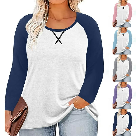 Inverlee Womens Plus Size Raglan Long Sleeve Shirts Trendy Cross Print Crewneck Color Block Tee Tops Summer Casual Softy Breathable Comfy Blouse