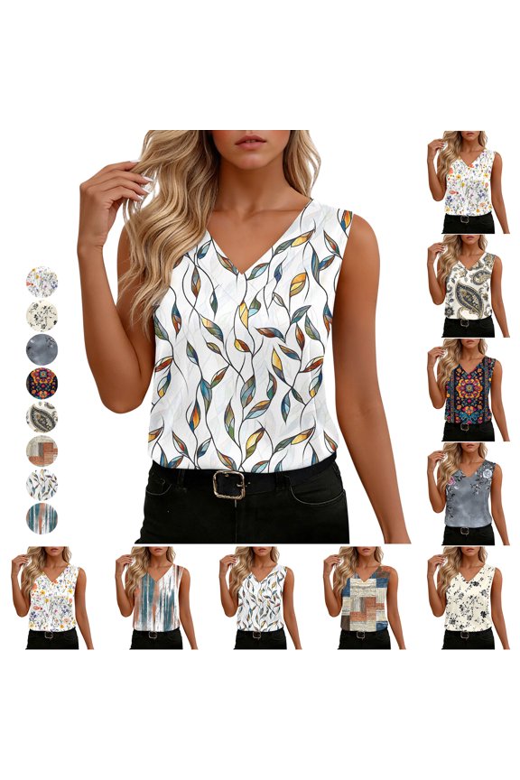 Womens Plus Size Satin Tank Tops Sleeveless V Neck Leaf Vine Printed Trendy Tees Daily Casual Comfy Tunics White XXXL