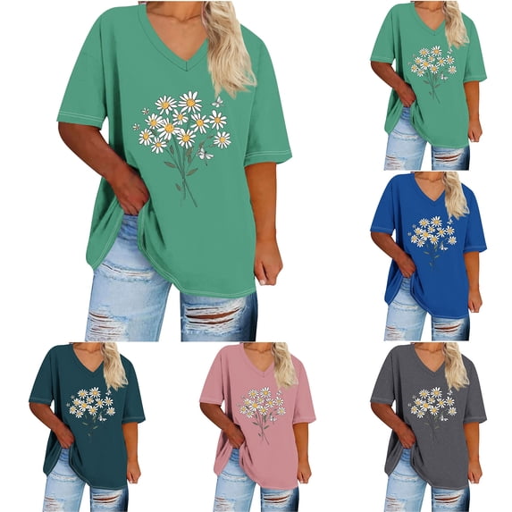 Inverlee Womens Plus Size Short Sleeve Tshirts Trendy Floral Print V Neck Tunic Tops Casual Softy Comfy Going Out Tees