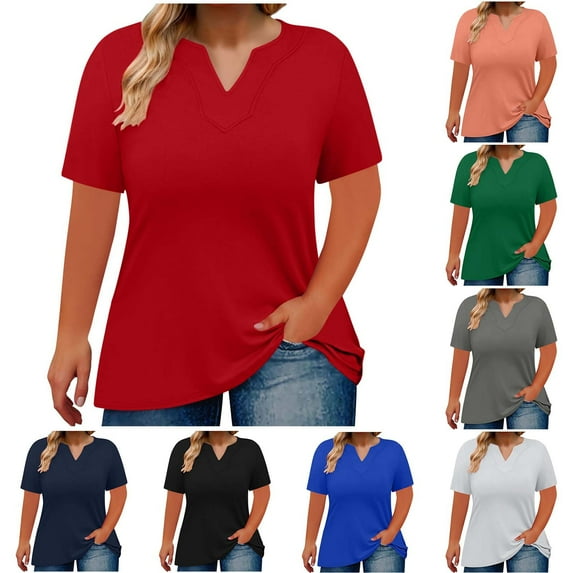 Inverlee Womens Plus Size Short Sleeve Tunic Tops Summer Trendy Solid Color Split V Neck Basic Shirts Casual Loose Fit Breathable Blouse
