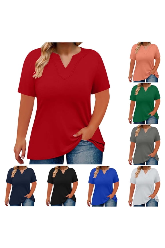 Womens Plus Size Short Sleeve Tunic Tops Summer Trendy Solid Color Split V Neck Basic Shirts Casual Loose Fit Breathable Blouse