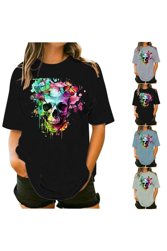 Womens Plus Size Tee Tops Summer Casual Short Sleeve Tunics Trendy Skull Print Crewneck Blouse