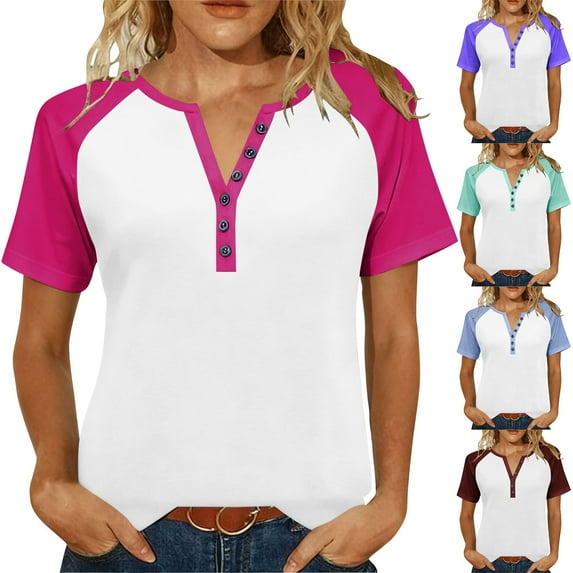 Inverlee Womens Plus Size V Neck Shirts Summer Casual Raglan Short Sleeve Henley Tops Trendy Loose Fit Basic Blouse