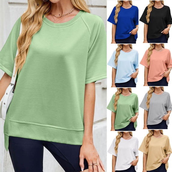 Inverlee Womens Raglan Round Neck Short Sleeve Sweatshirts Side Slit Loose Fit Lightweight Casual Tops Lounge Soft Stretchy Everyday Tees