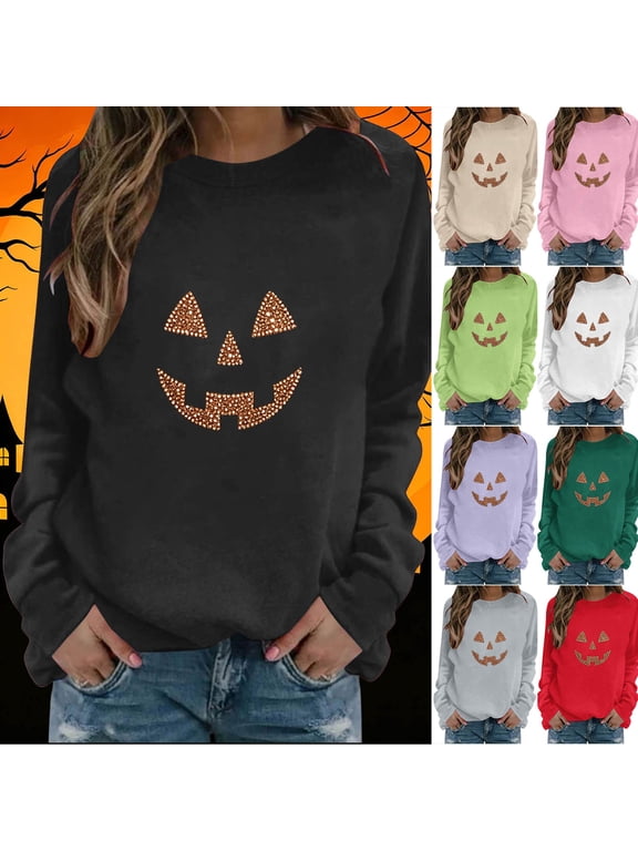 Womens Rhinestone Jack O Lantern Lightweight Sweatshirts Round Neck Long Sleeve Pullovers Halloween Casual Tops Holiday Party Attire Purple (S-XXL)
