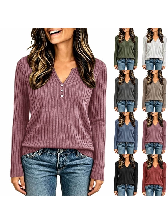 Womens Ribbed Knit V Neck Long Sleeve Henley Pullover Partial Button Placket Loose Fit Casual Blouse Soft Stretchy Daily Wear Knit TopS-XXL