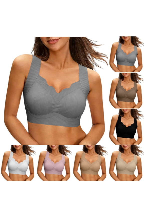 Womens Ribbed Wireless Tank Bras Seamless Lift Support Side Smoothing Scalloped Edge Casual Lingerie UndergarmentsBeige