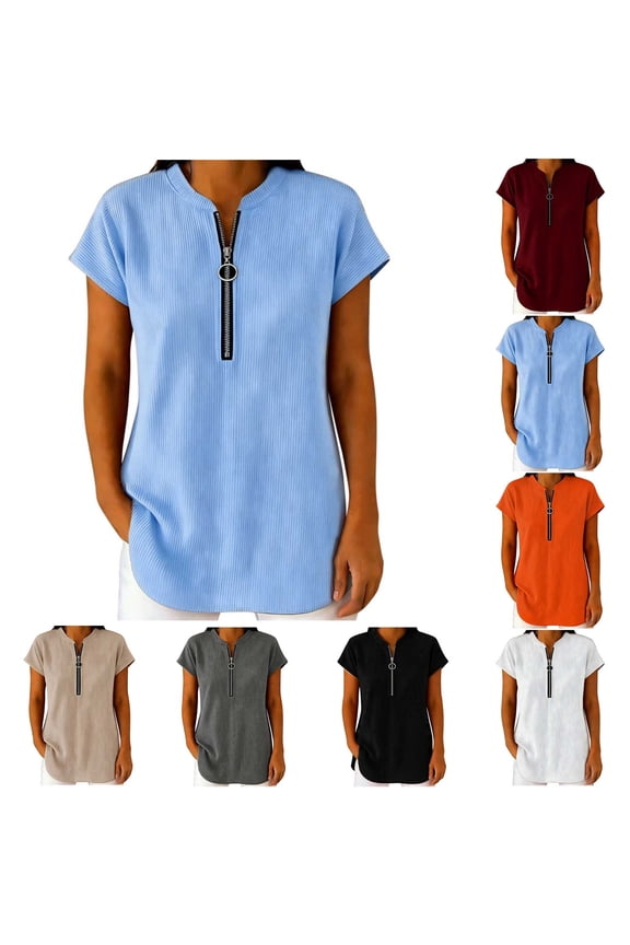 Womens Ribbed Zip Front Mandarin Collar Short Sleeve Blouses Curved Hem Side Pocket Stretchy Knit Tunics Summer Beach Lightweight Loose Fit Casual Shirts