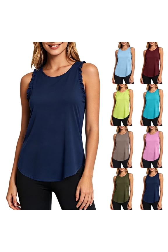 Womens Round Neck Ruffle Sleeveless Tank Tops A Line Loose Fit Casual Tops Workout Athletic Basic Blouses Navy M