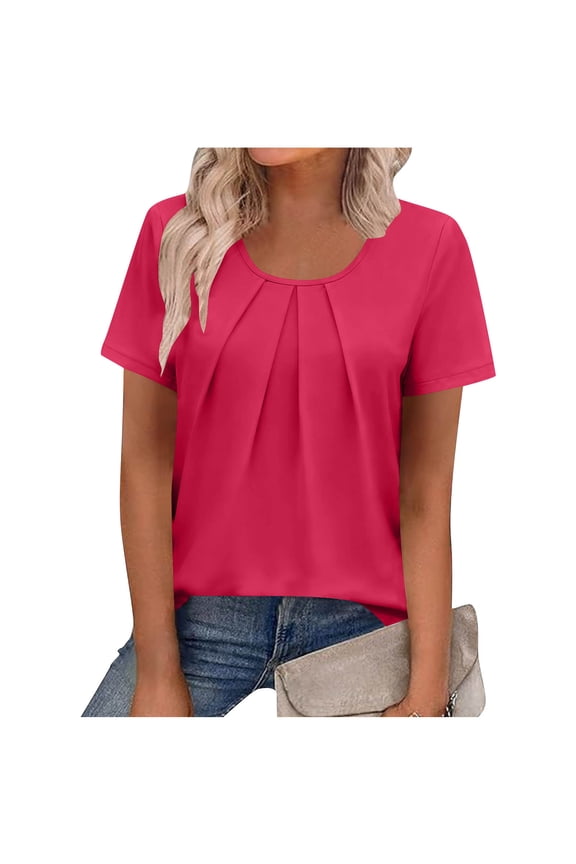 Womens Round Neck Short Sleeve Shirts Round Neck Pleated Slim Fit Tops Spring Summer Dressy Casual Blouse