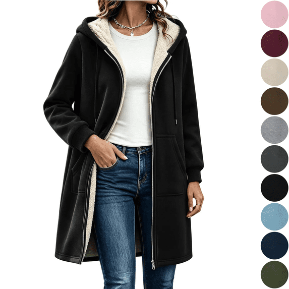 Inverlee Womens Sherpa Lined Hooded Coat Zip Up Long Jacket Winter Warm Outerwear Black (S-3XL)