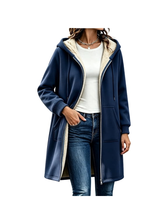 Womens Sherpa Lined Hooded Coat Zip Up Long Jacket Winter Warm Outerwear Navy (S-3XL)