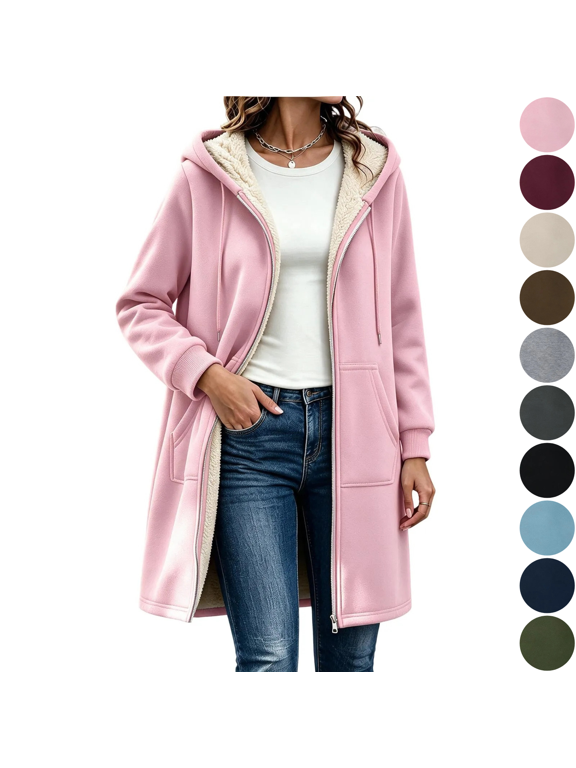 Womens Sherpa Lined Hooded Coat Zip Up Long Jacket Winter Warm Outerwear Pink (S-XXXL)
