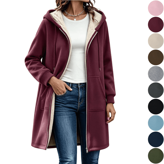 Inverlee Womens Sherpa Lined Hooded Coat Zip Up Long Jacket Winter Warm Outerwear Wine (S-3XL)