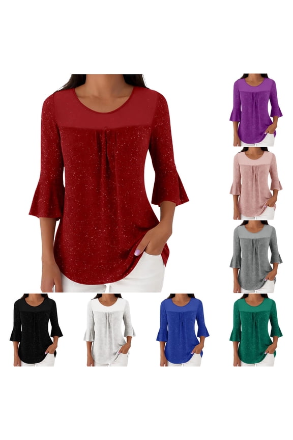 Womens Shiny Mesh Round Neck Tops Trendy Solid 3/4 Petal Sleeve Tops Party Casual Breathable Shirts
