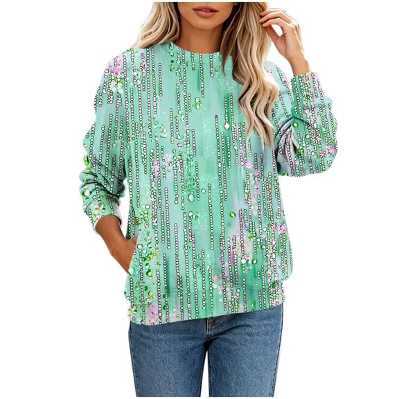 Inverlee Womens Shiny Rhinestone Vertical Stripe Print Round Neck Long Sleeve Pullovers Bohemian Chic Soft Stretch Fabric Blouses Spring Daily Side Pocket Loose Fit Tops Spring Casual Green (S-XXXL)