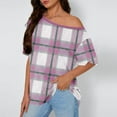 thumbnail image 1 of Inverlee Womens Short Sleeve Plaid Shirts Off Shoulder Tops Summer Casual Loose Outfit, 1 of 6