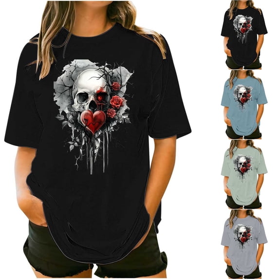 Inverlee Womens Short Sleeve Plus Size Tees Summer Trendy Gothic Floral Print Tops Casual Loose Fit Pullover Tshirts