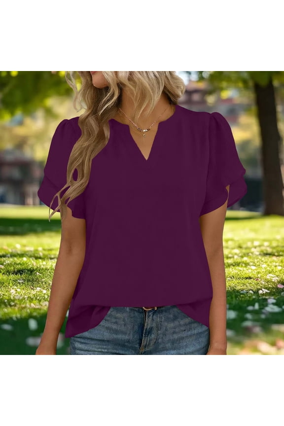 Womens Short Sleeve Solid Shirts V Neck Petal Sleeve Tops Summer Trendy Casual Blouse