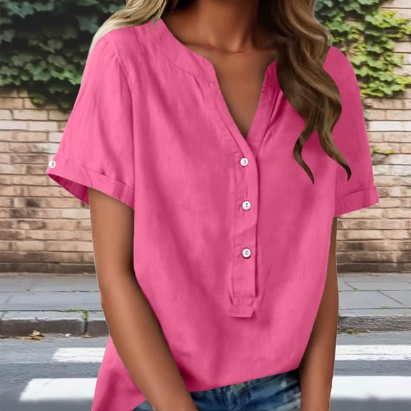 Inverlee Womens Short Sleeve Tops Cotton-Linen Business Casaul Shirts Solid V Neck Blouses Summer Baisc Loose Fit Tee
