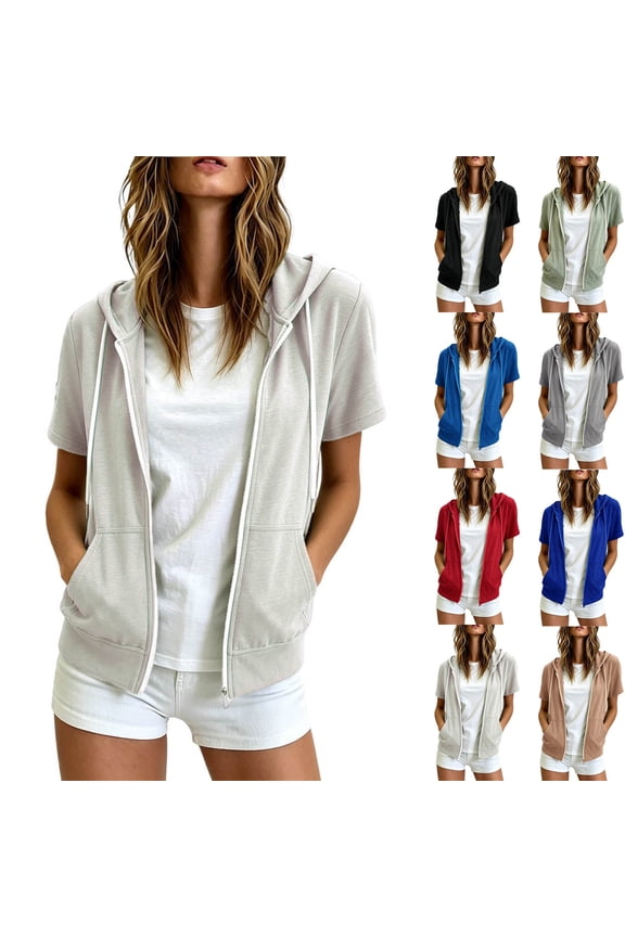 Womens Short Sleeve Zip Up Hooded Vests Drawstring Kangaroo Pocket Sleeveless Outerwear Summer Lightweight Layering Jackets White M