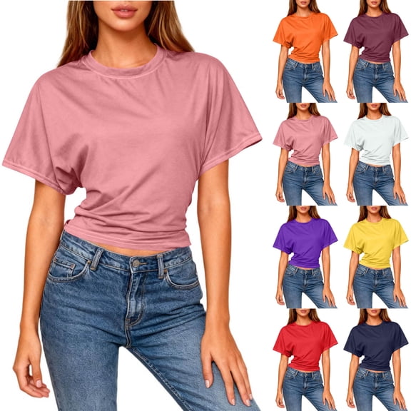 Inverlee Womens Slim Fit Short Sleeve Shirts Casual Round Neck T-shirts Trendy Solid Batwing Crop Tops